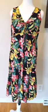Hilo Hattie Vtg 90s Hawaiian Tropical Floral Rayon Midi Dress Tie Front L